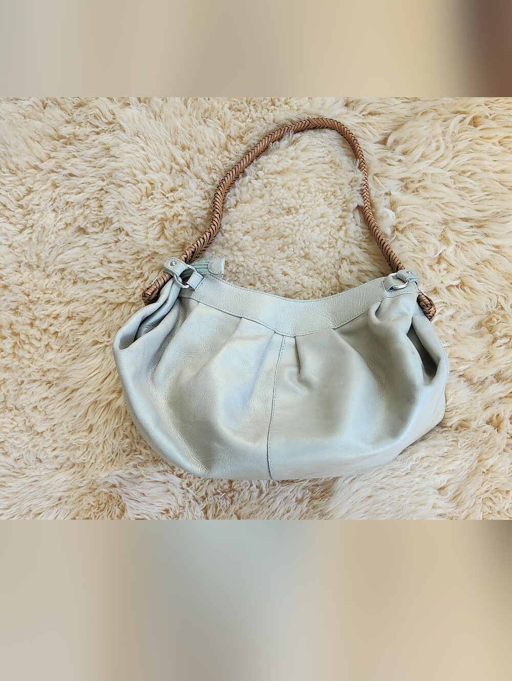 Paolo Masi Metallic Silver Leather Shoulder Bag with Woven Tan Strap